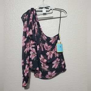 CECE Black One Shoulder Blouse Top with Pink Flower Print Women's Size Small